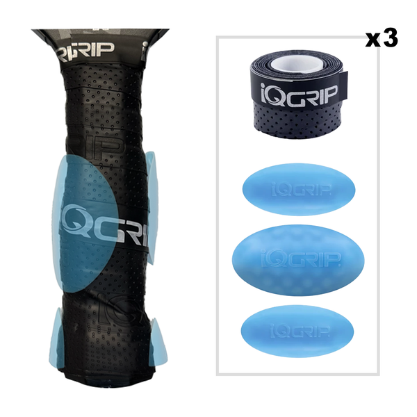 iQGrip PRO Pack — grip inserts shown installed under an overgrip on a paddle handle, with contents for three paddles: 9 inserts and 3 overgrips