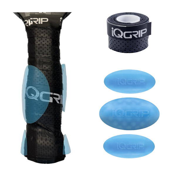 iQGrip Starter Pack — grip inserts shown installed under an overgrip on a pickleball paddle handle, beside the included three inserts and black overgrip roll
